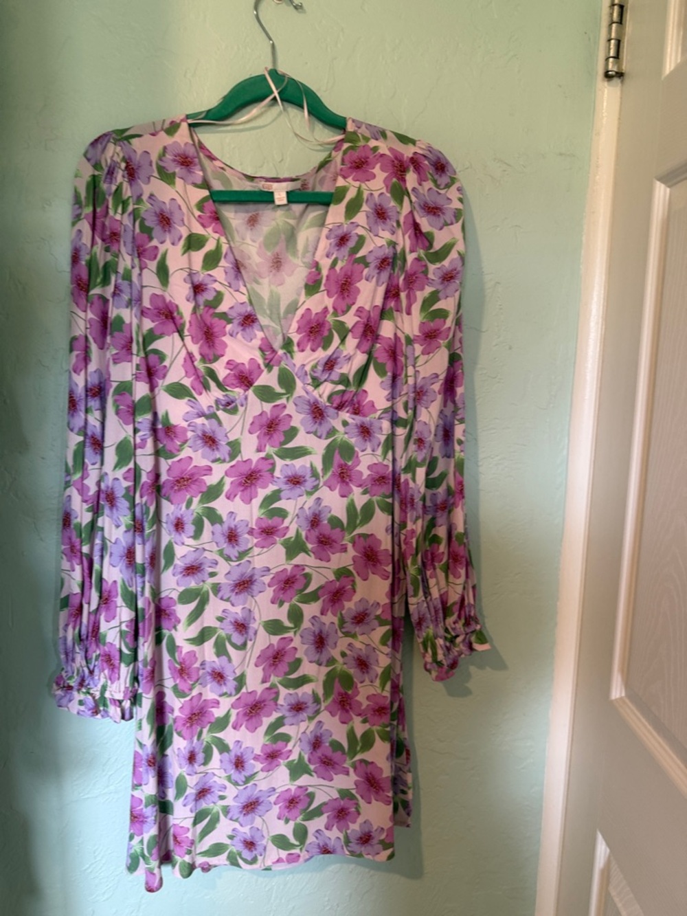 Gianni Bini Lavender and Green Floral V-Neck Dress